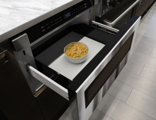 bowl of noodles in microwave drawer
